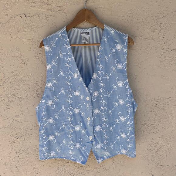 Vintage Koret Embroidered Vest Blue Floral Button Front Size XL - Picture 1 of 4